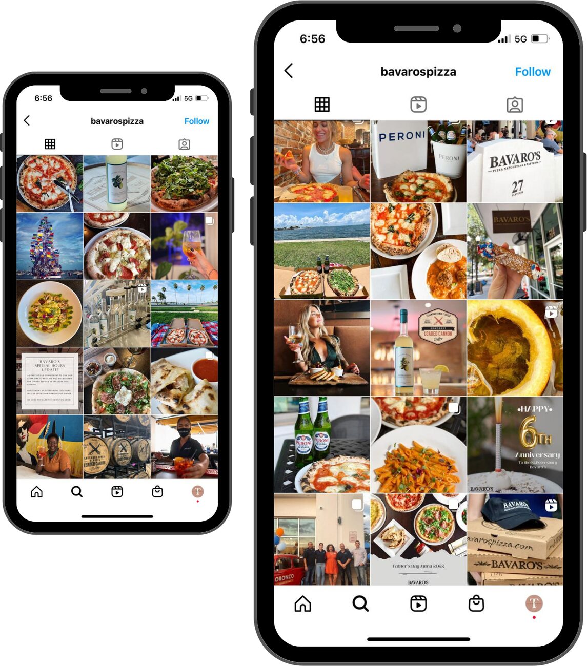 A client Instagram feed before and after Studio T, shown side by side on two phones